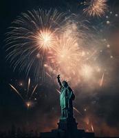 achtergrond visie van standbeeld van vrijheid en vuurwerk, concept van vieren Verenigde staten onafhankelijkheid dag, genereren ai foto