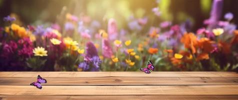 leeg houten tafel versierd met kleurrijk bloemen en vlinders. wazig bokeh voorjaar achtergrond. kopiëren ruimte. voor Product Scherm. Sjablonen, media, afdrukken, enz, genereren ai foto