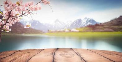 leeg houten tafel met voorjaar kers bloesem decoratie. wazig bokeh berg en meer visie achtergrond. kopiëren ruimte. voor Product Scherm. Sjablonen, media, afdrukken, enz., genereren ai foto