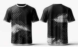 zwart sport overhemd mockup met wit abstract patroon, voorkant en terug visie, generatief ai foto