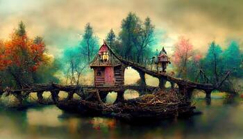 geweldig fee huis Aan de rivier- en houten brug, fotomanipulatie, 3d rederen, gedetailleerd, gekleurd. generatief ai foto