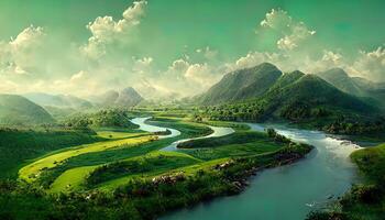 panorama van een zomer landschap met zonsopkomst, mist en de rivier. generatief ai foto