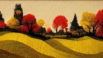 uitstekend herfst platteland landschap met geel, rood bomen in papier besnoeiing 3d stijl. generatief ai foto