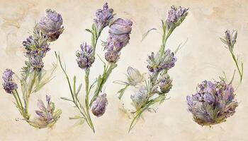 uitstekend lavendel bloemen boeketten verzameling, waterverf botanisch illustratie geïsoleerd Aan wit achtergrond. generatief ai foto