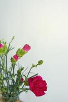 boeket van roze bloemen in een vaas Aan een licht achtergrond. anjers foto
