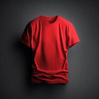 blanco rood t-shirt model, sluiten omhoog oranje t-shirt Aan donker achtergrond ,generatief ai foto