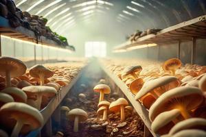 biologisch champignons groeit Aan paddestoel boerderij. paddestoel teelt. natuurlijk paddestoel productie industrie. generatie ai foto