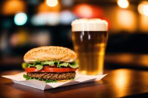 detailopname van smakelijk Hamburger met kaas en groenten Aan zwart achtergrond. generatief ai foto