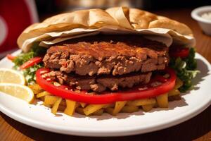 een bord met doner kebab Aan een houten tafel. shish kabob, vlees stokken. generatief ai foto