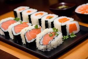 Japans keuken. sushi en broodjes Aan de tafel in de restaurant. generatief ai foto
