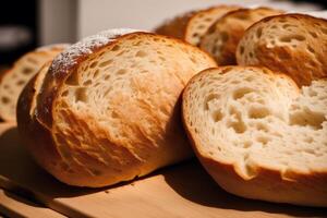 vers gebakken brood Aan een houten bord, close-up.bagel generatief ai foto