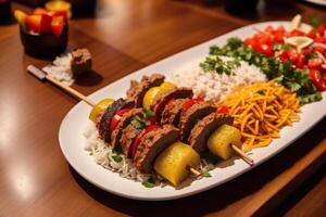 een bord met doner kebab Aan een houten tafel. shish kabob, vlees stokken. generatief ai foto