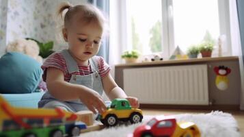 ai generatief schattig weinig kinderen spelen met speelgoed in de kamer ai gegenereerd artwork foto