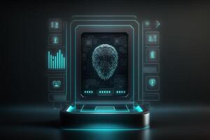 een digitaal scherm met een vingerafdruk scanner, wijzend op biometrisch veiligheid maatregelen naar toegang de systeem. ai gegenereerd foto