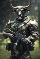 Mens in camouflage Holding een geweer- en een stier masker. generatief ai. foto