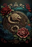 schilderij van een draak en bloemen Aan een zwart achtergrond. generatief ai. foto