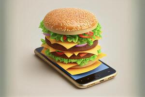 Hamburger zittend Aan top van een cel telefoon. generatief ai. foto
