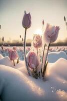 bundel van bloemen dat zijn in de sneeuw. generatief ai. foto