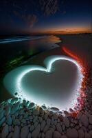 hart vormig rots Aan een strand Bij nacht. generatief ai. foto