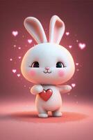 tekenfilm konijn Holding een hart Aan een roze achtergrond. generatief ai. foto