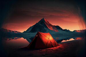 rood tent zittend Aan top van een zanderig strand. generatief ai. foto