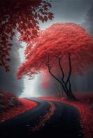 rood boom zittend Aan de kant van een weg. generatief ai. foto