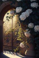 schilderij van rozen in voorkant van een poort. generatief ai. foto