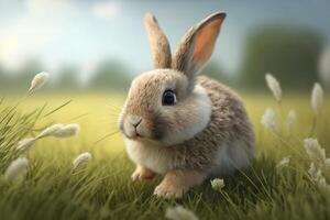 een pluizig konijn hoppen door een weide, met haar oren perked omhoog en neus- spiertrekkingen ai gegenereerd foto