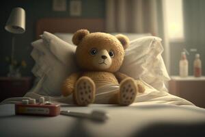 schattig teddy aan het liegen in ziekenhuis bed. ai gegenereerd foto