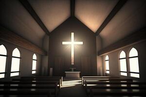 ai gegenereerd christen kerk met een religieus kruis en aura licht in de geheel kamer. foto