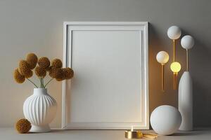 minimalistische boho model, leeg blanco wit afbeelding kader, smaakvol decoraties, elegant verlichting . ai gegenereerd foto