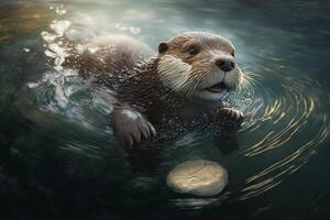 een speels Otter drijvend Aan haar terug in een rivier, Holding een schelp in haar poten. ai gegenereerd foto