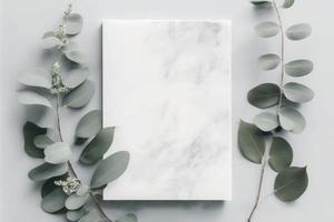 marmeren papier blanco, eucalyptus takken Aan pastel grijs achtergrond, genereren ai foto