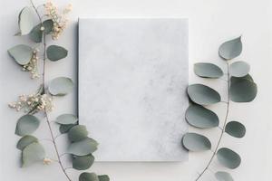 marmeren papier blanco, eucalyptus takken Aan pastel grijs achtergrond, genereren ai foto