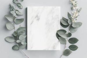 marmeren papier blanco, eucalyptus takken Aan pastel grijs achtergrond, genereren ai foto