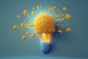 menselijk hersenen concepten van geel licht lamp stralen uit Aan blauw achtergrond.creativiteit van menselijk .3d geven en illustratie foto
