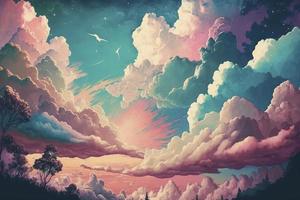 fantasie lucht. mooi fee luchten, fantastisch droom wolken en fantastisch bewolkt lucht pastel kleuren achtergrond foto