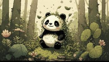 pluizig schattig panda baby in de Woud in lachend gelukkig, stijl, dier, panda baby, genereren ai foto