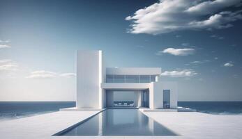 luxe woon- minimalistische villa met zwembad en oceaan Aan horizon. nageproduceerd generatief ai illustratie. foto