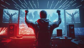professioneel esports gamer verheugt zich in de zege in rood blauw verlichte spel kamer. nageproduceerd generatief ai digitaal illustratie. foto