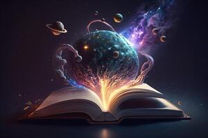 een surrealistische tafereel van een boek drijvend in ruimte met een hersenvormig planeet in de achtergrond, omringd door het schieten sterren en een heelal. ai gegenereerd foto