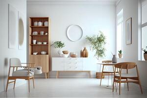 huis model, wit kamer met natuurlijk houten meubilair. . ai gegenereerd foto