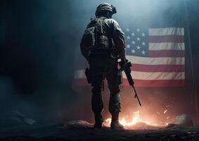 4e van juli concept. portret van een soldaat in voorkant van een vlag van de Verenigde Staten van Amerika. de soldaat met de geweer in voorkant van een vlag. portret soldaatje staand in voorkant van Verenigde Staten van Amerika vlag. niet bestaand persoon. generatief ai foto