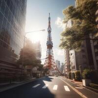 tokyo toren in dichtbij omhoog visie met Doorzichtig blauw lucht, beroemd mijlpaal van Tokio, Japan. generatief ai. foto