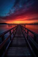 houten plank loopbrug leidend naar een mooi zonsondergang Aan de meer. generatief ai. foto