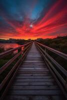 houten plank loopbrug leidend naar een mooi zonsondergang Aan de meer. generatief ai. foto