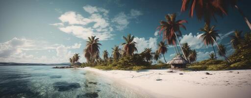 tropisch paradijs strand met wit zand en kokosnoot palmen reizen toerisme breed panorama achtergrond concept. generatief ai. foto