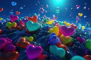 kleurrijk hart vorm ballon met blauw lucht. Valentijnsdag dag achtergrond met hart vormig ballonnen. generatief ai. foto