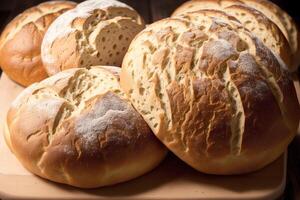 vers gebakken brood Aan een houten bord, detailopname. Frans brood. generatief ai foto