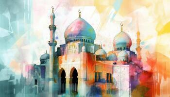 water kleur schilderij Arabisch Islamitisch typografie ontwerp mawlid al-nabawai al-sharif groet kaart met koepel en minaret van de van de profeet moskee. generatief ai foto